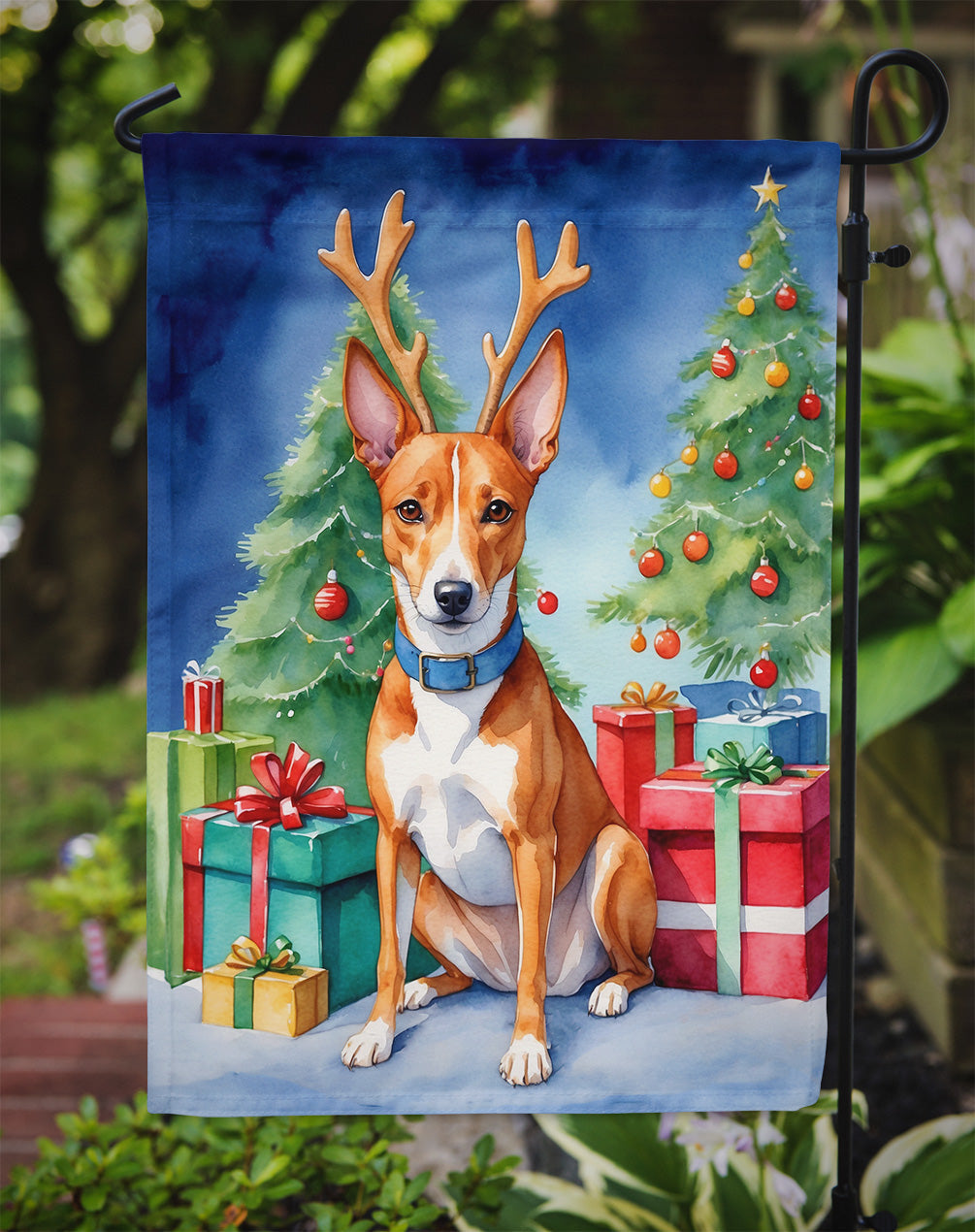 Basenji Christmas Garden Flag – Dog in Reindeer Antlers with Tree & Gifts