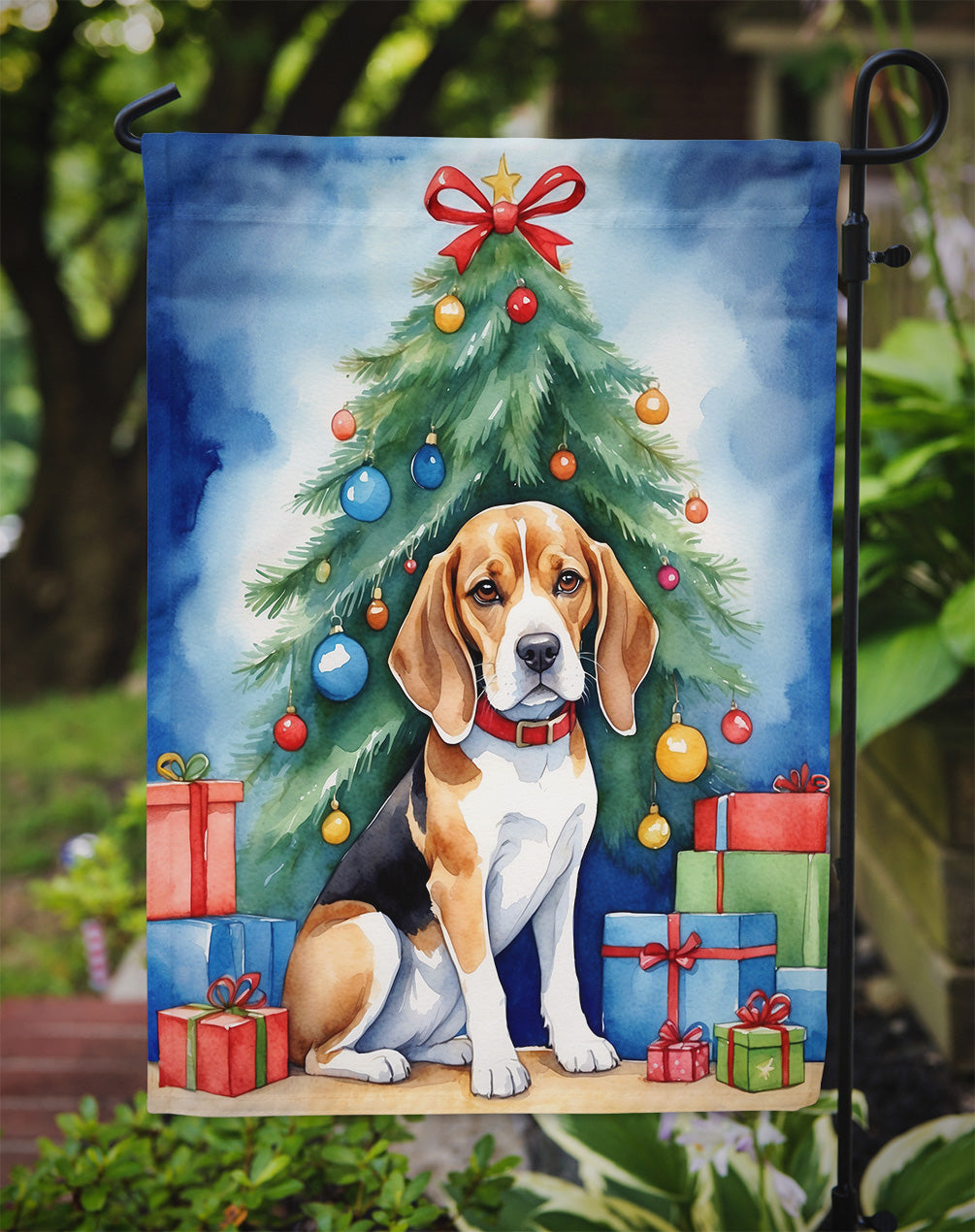 Beagle Christmas Garden Flag – Dog in Reindeer Antlers with Tree & Gifts