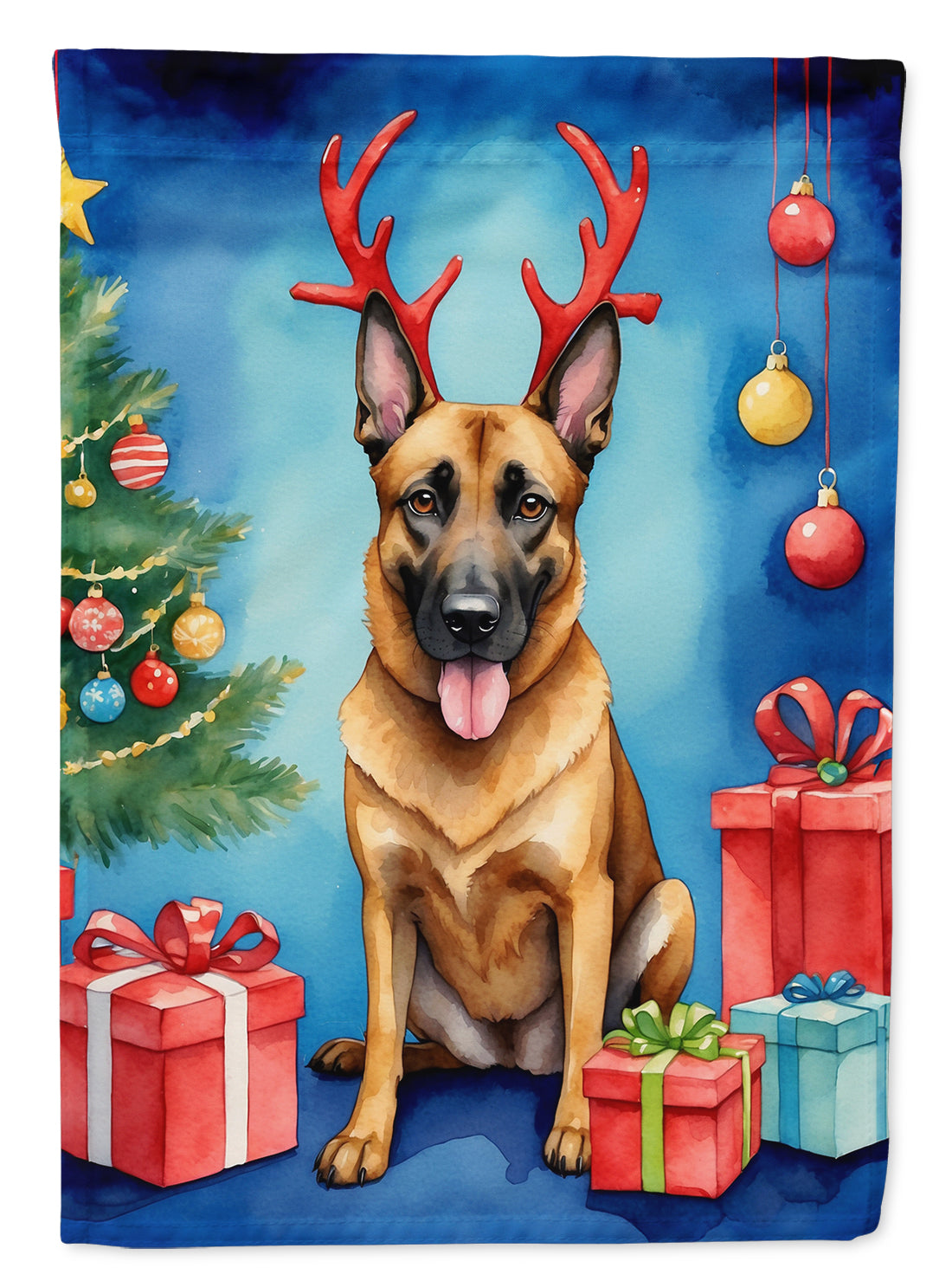 Belgian Malinois Christmas Garden Flag – Dog in Reindeer Antlers with Tree & Gifts
