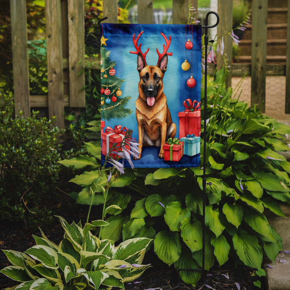 Belgian Malinois Christmas Garden Flag – Dog in Reindeer Antlers with Tree & Gifts