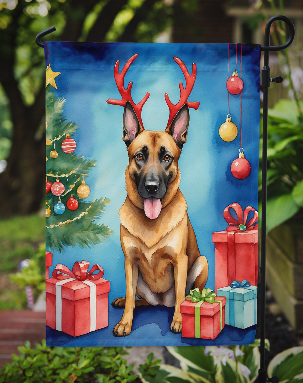 Belgian Malinois Christmas Garden Flag – Dog in Reindeer Antlers with Tree & Gifts