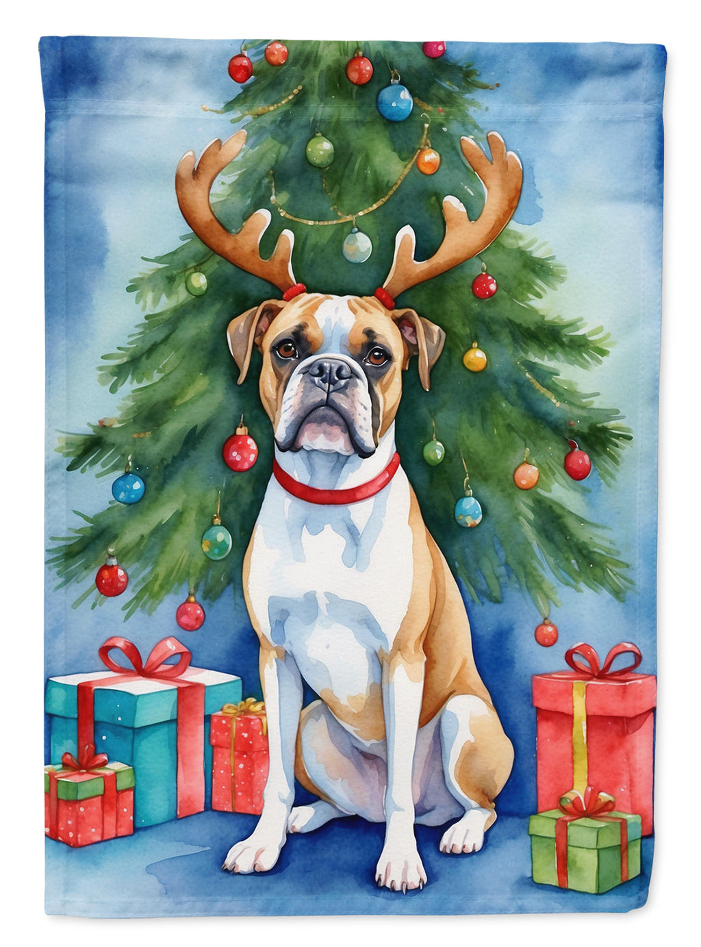 White Boxer Christmas Reindeer House Flag
