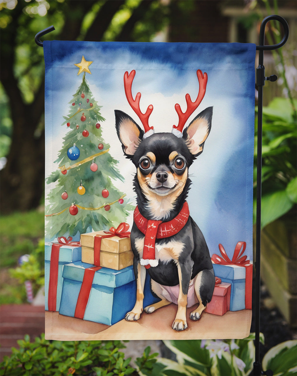 Black and Tan Chihuahua Christmas Garden Flag – Dog in Reindeer Antlers with Tree & Gifts