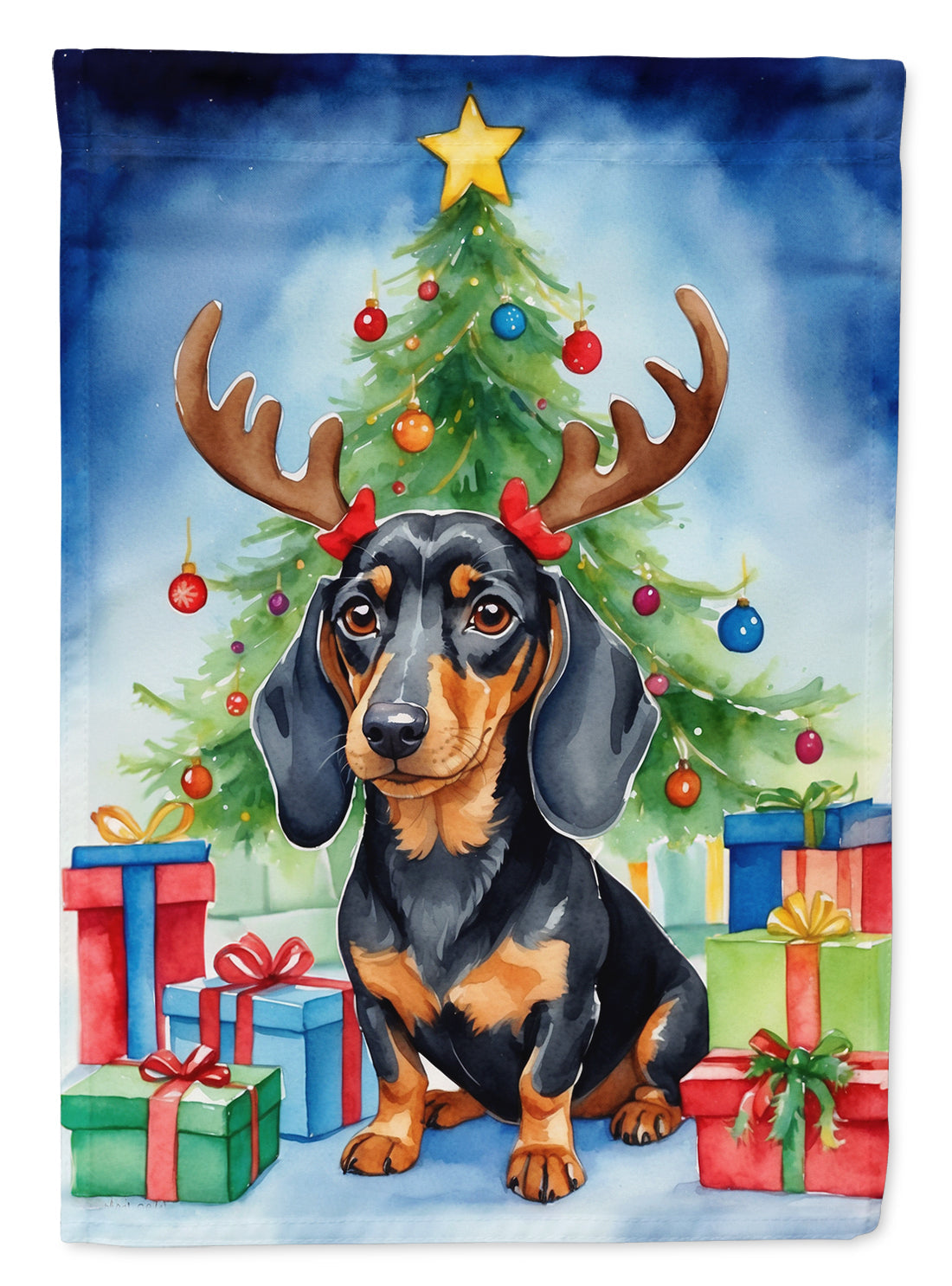 Black and Tan Dachshund Christmas Garden Flag – Dog in Reindeer Antlers with Tree & Gifts