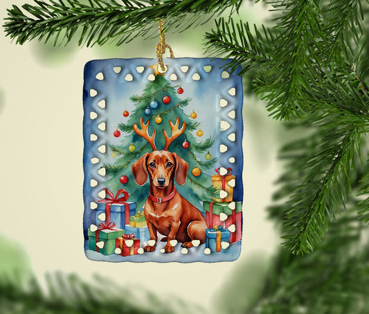 Dachshund Christmas Reindeer Porcelain Ornament