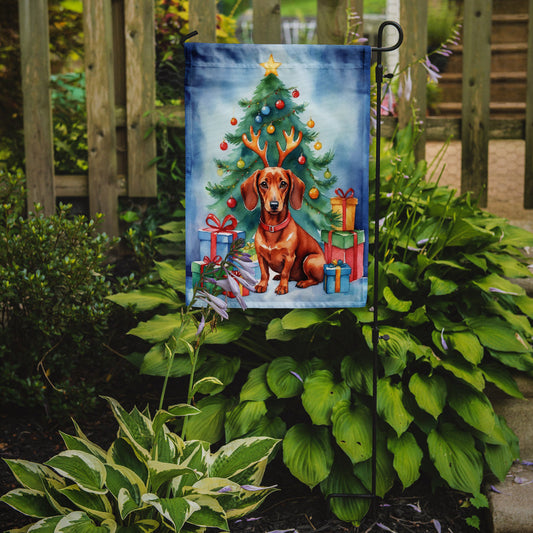 Dachshund Christmas Garden Flag – Dog in Reindeer Antlers with Tree & Gifts