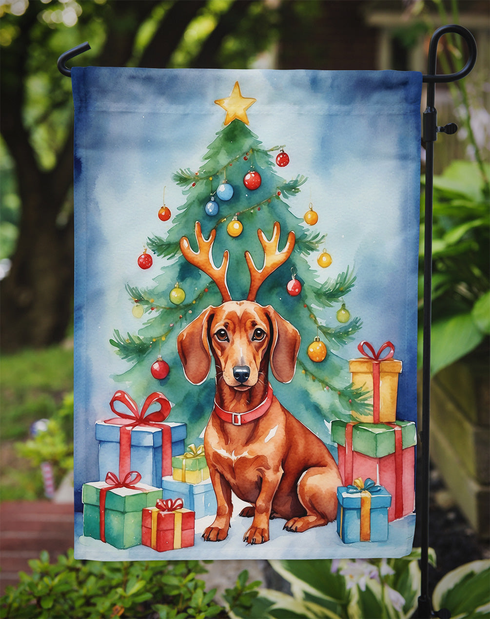 Dachshund Christmas Garden Flag – Dog in Reindeer Antlers with Tree & Gifts