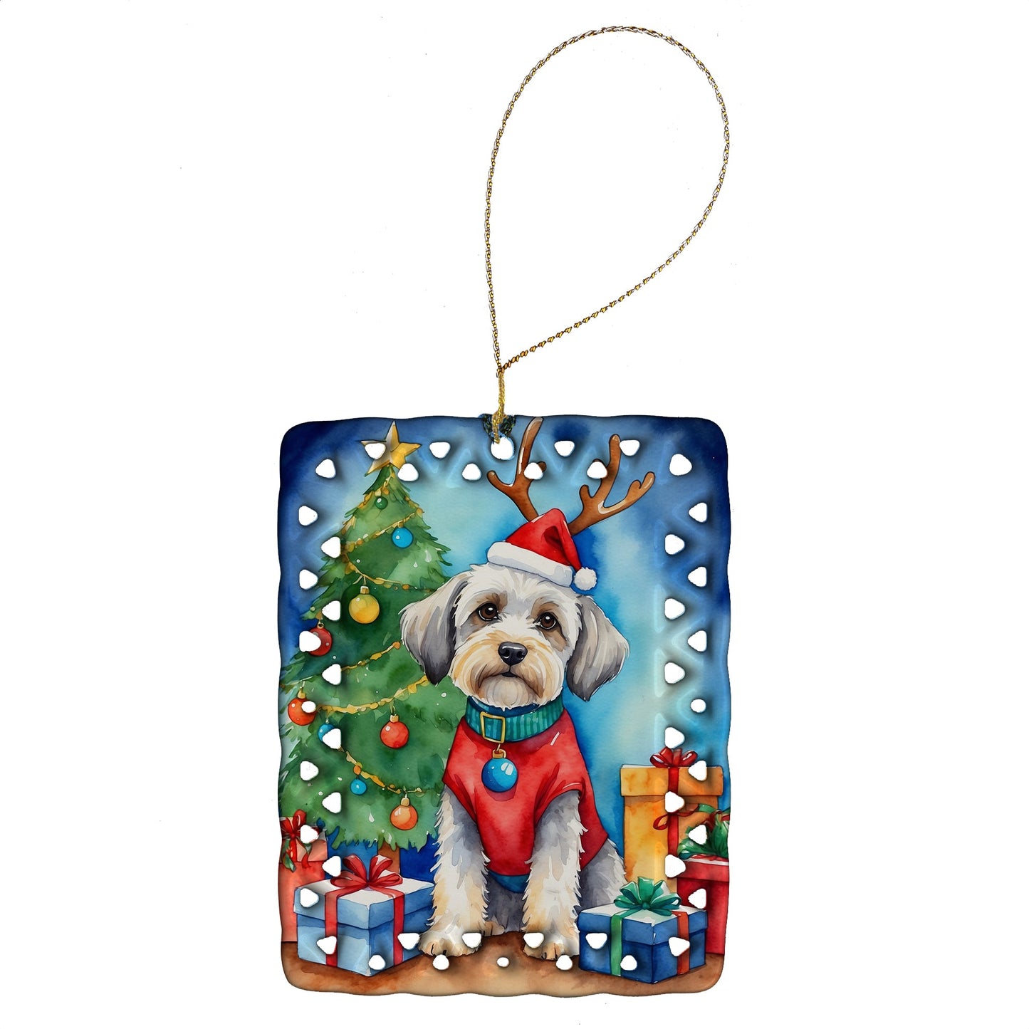 Dandie Dinmont Terrier Christmas Reindeer Porcelain Ornament