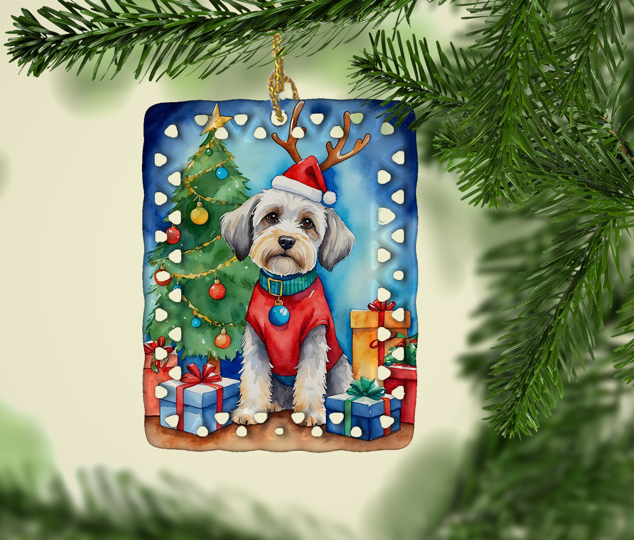 Dandie Dinmont Terrier Christmas Reindeer Porcelain Ornament