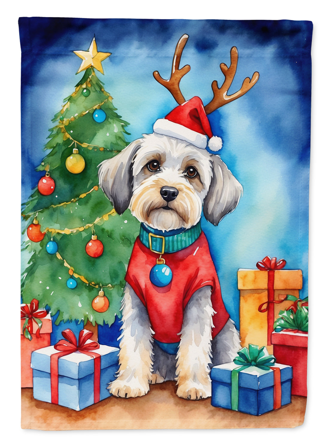 Dandie Dinmont Terrier Christmas Garden Flag – Dog in Reindeer Antlers with Tree & Gifts