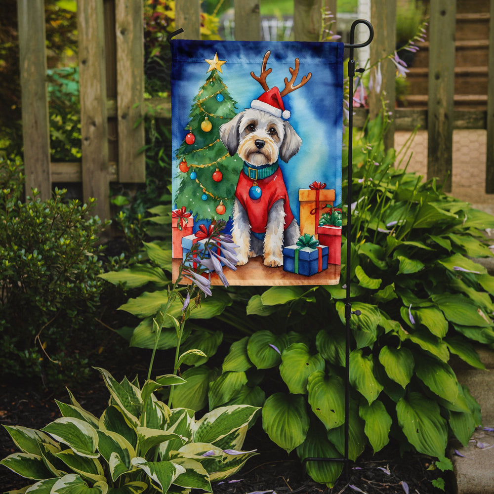 Dandie Dinmont Terrier Christmas Garden Flag – Dog in Reindeer Antlers with Tree & Gifts