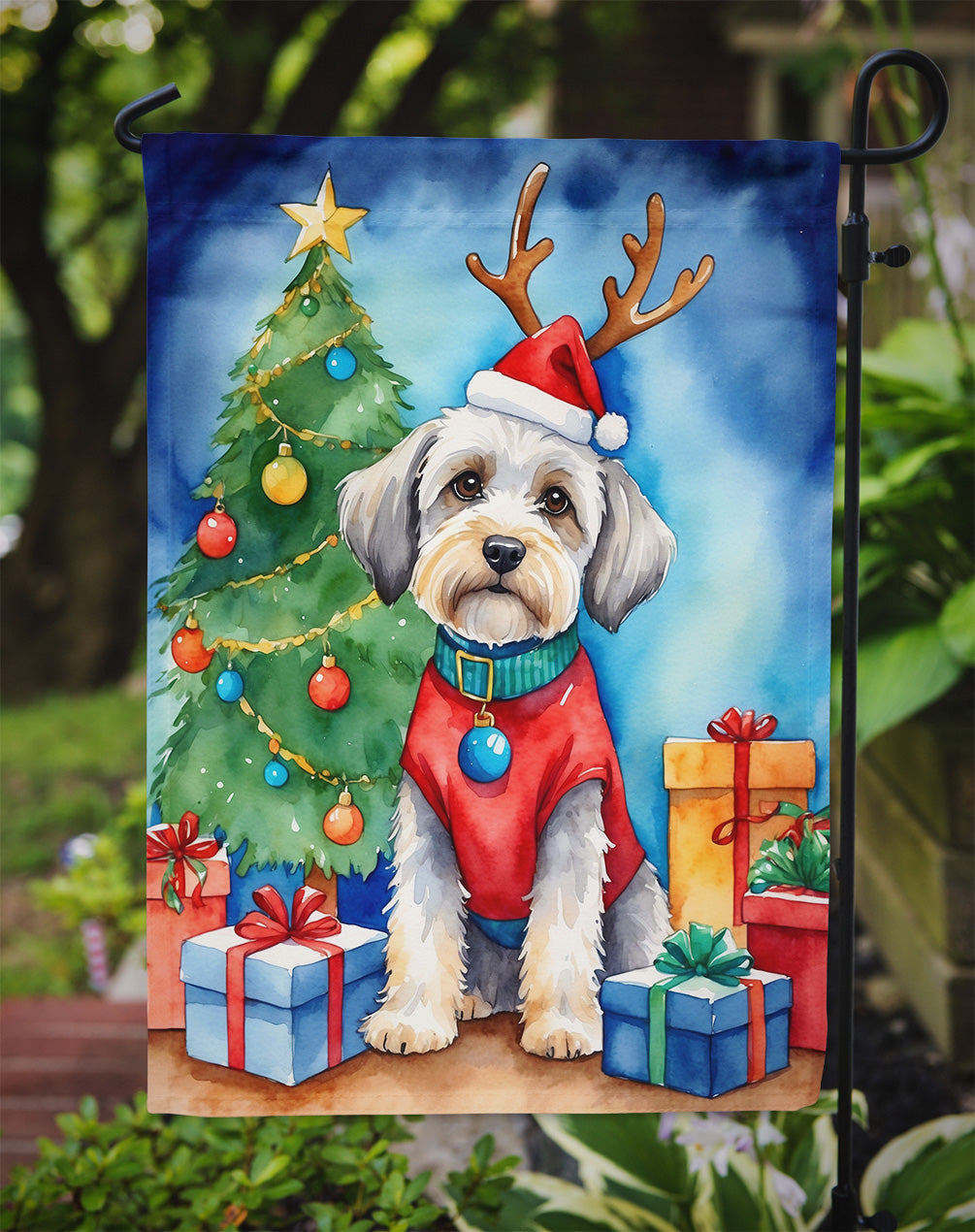 Dandie Dinmont Terrier Christmas Garden Flag – Dog in Reindeer Antlers with Tree & Gifts