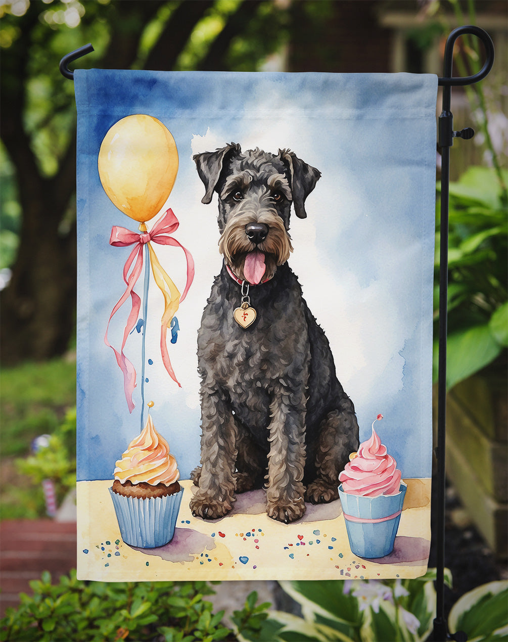 Kerry Blue Terrier Happy Birthday Garden Flag – Dog Birthday Cupcake Yard Decor with Balloons