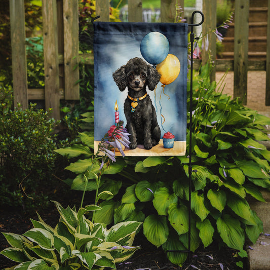 Black Toy Poodle Happy Birthday Garden Flag – Dog Birthday Cupcake Yard Decor with Balloons