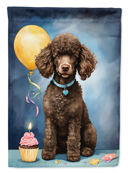 Chocolate Standard Poodle Happy Birthday Garden Flag – Dog Birthday Cupcake Yard Decor with Balloons