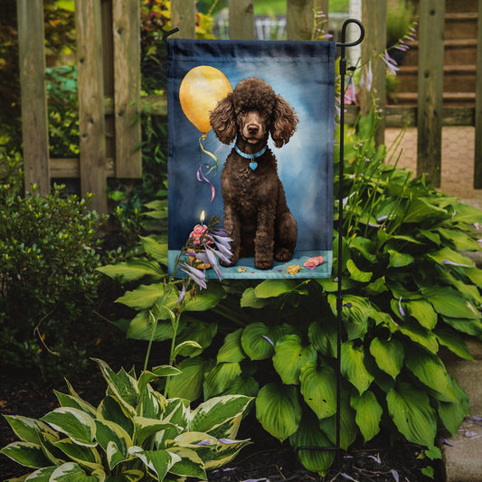 Chocolate Standard Poodle Happy Birthday Garden Flag – Dog Birthday Cupcake Yard Decor with Balloons