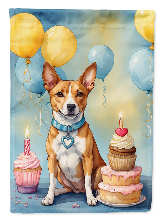 Basenji Happy Birthday Garden Flag – Dog Birthday Cupcake Yard Decor with Balloons