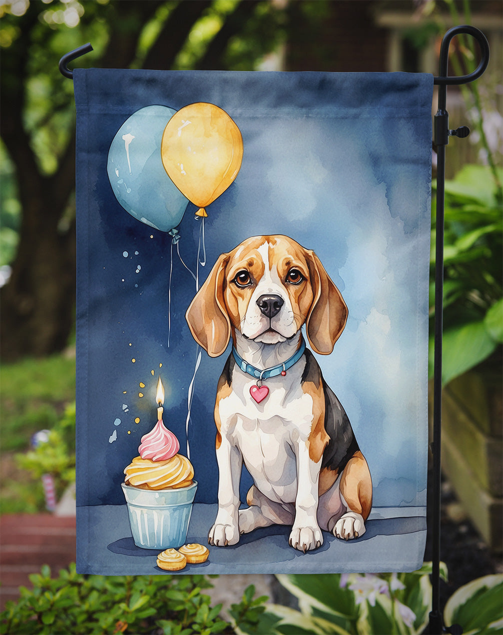 Beagle Happy Birthday Garden Flag – Dog Birthday Cupcake Yard Decor with Balloons
