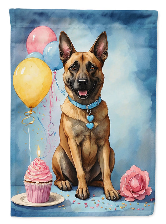 Belgian Malinois Happy Birthday Garden Flag –Dog Birthday Cupcake Yard Decor with Balloons