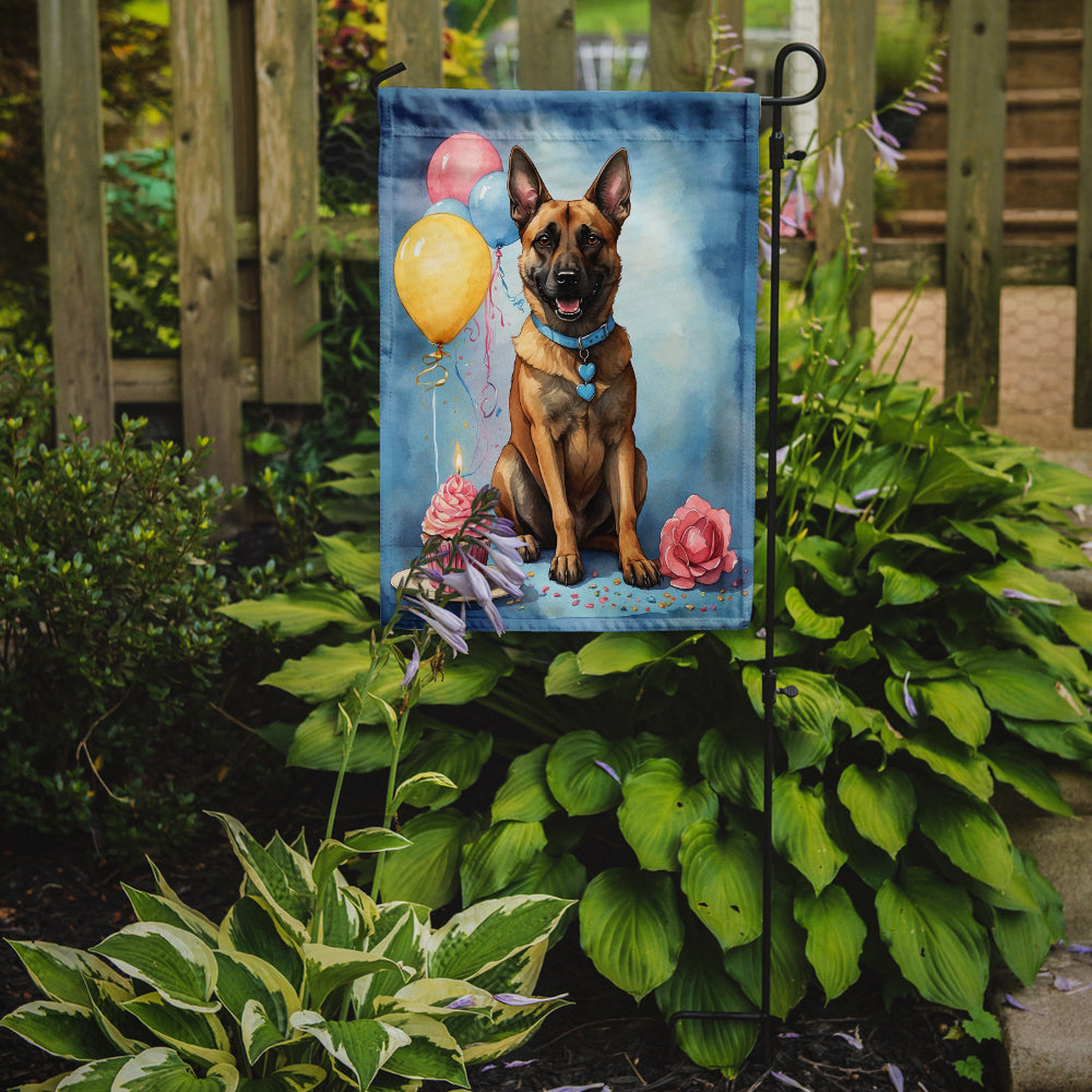 Belgian Malinois Happy Birthday Garden Flag –Dog Birthday Cupcake Yard Decor with Balloons
