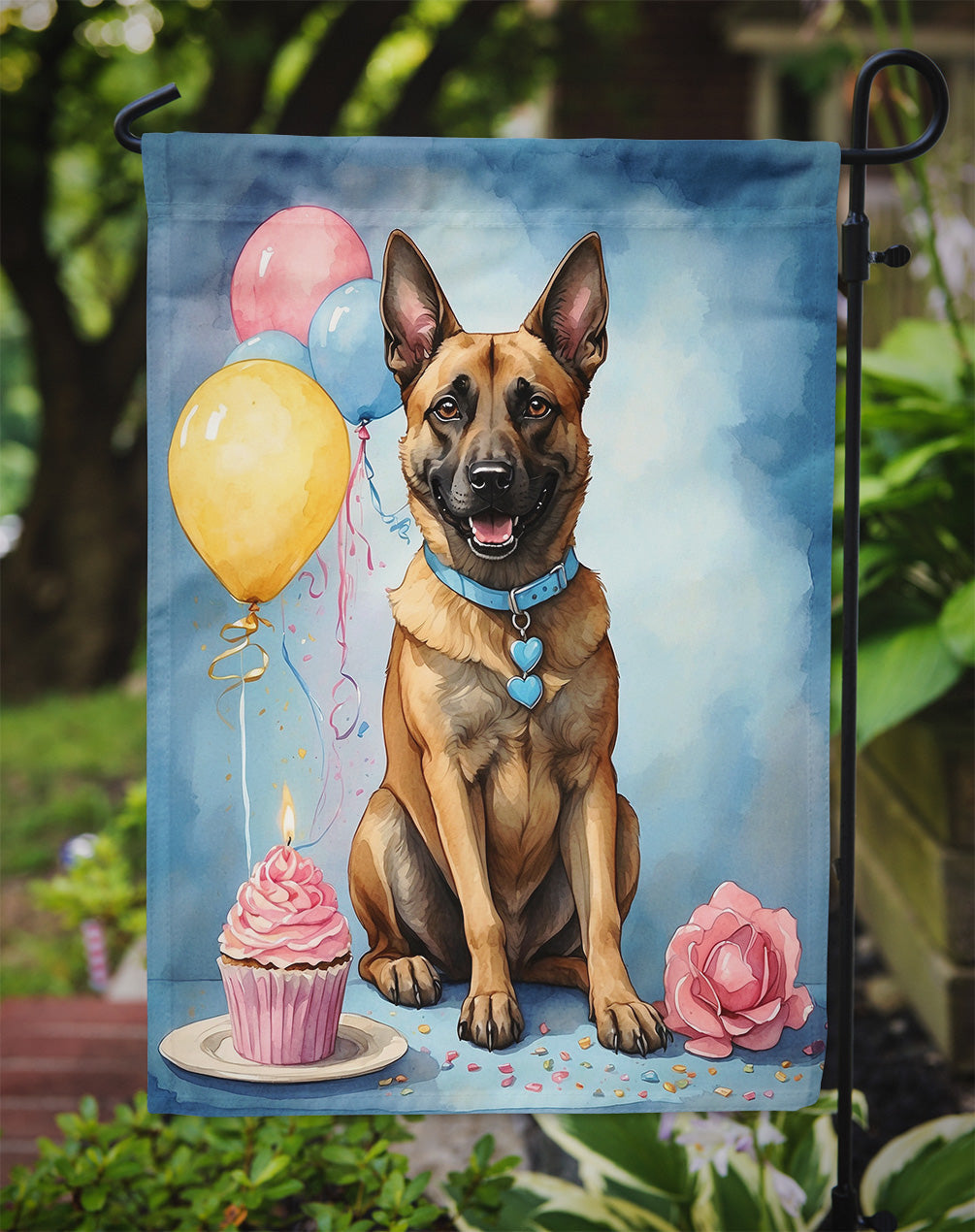 Belgian Malinois Happy Birthday Garden Flag –Dog Birthday Cupcake Yard Decor with Balloons