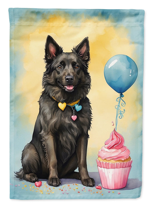 Belgian Sheepdog Happy Birthday Garden Flag –Dog Birthday Cupcake Yard Decor with Balloons