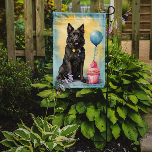 Belgian Sheepdog Happy Birthday Garden Flag –Dog Birthday Cupcake Yard Decor with Balloons