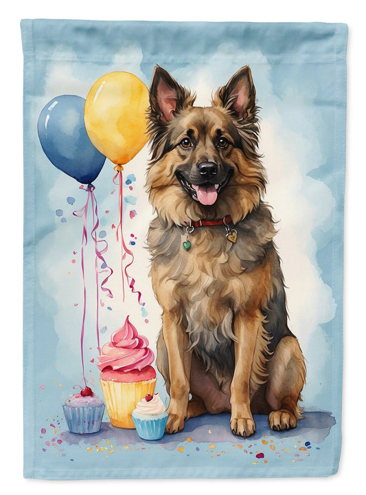 Belgian Tervuren Happy Birthday Garden Flag –Dog Birthday Cupcake Yard Decor with Balloons