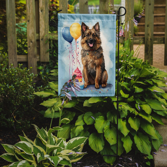 Belgian Tervuren Happy Birthday Garden Flag –Dog Birthday Cupcake Yard Decor with Balloons