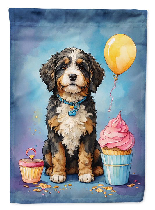 Bernedoodle Happy Birthday Garden Flag –Dog Birthday Cupcake Yard Decor with Balloons