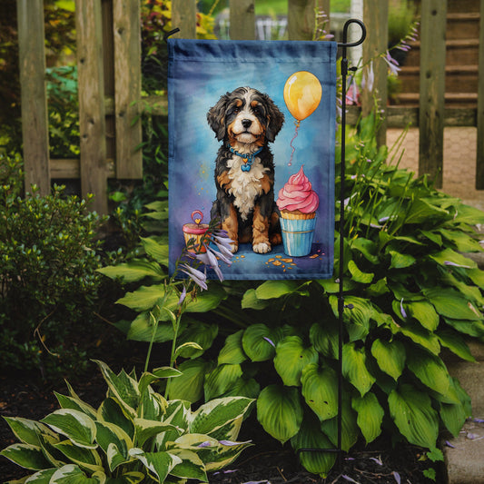 Bernedoodle Happy Birthday Garden Flag –Dog Birthday Cupcake Yard Decor with Balloons