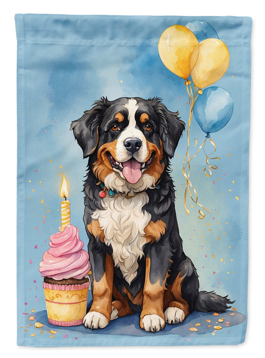 Bernese Mountain Dog Happy Birthday Garden Flag –Dog Birthday Cupcake Yard Decor with Balloons