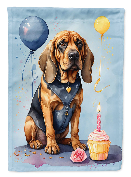 Bloodhound Happy Birthday Garden Flag –Dog Birthday Cupcake Yard Decor with Balloons