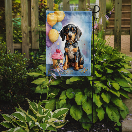 Bluetick Coonhound Happy Birthday Garden Flag –Dog Birthday Cupcake Yard Decor with Balloons