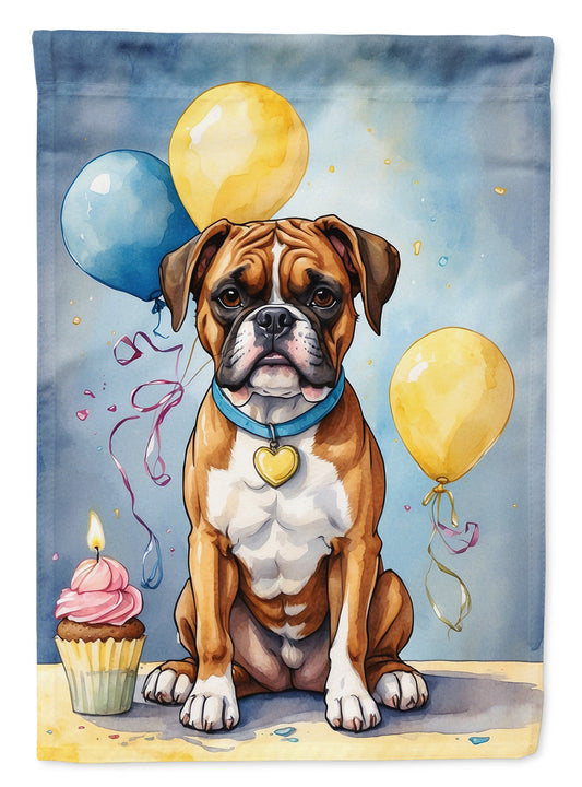 Boxer Happy Birthday Garden Flag –Dog Birthday Cupcake Yard Decor with Balloons