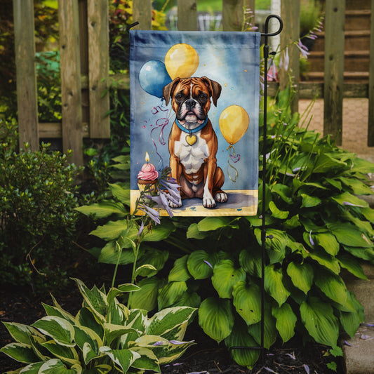 Boxer Happy Birthday Garden Flag –Dog Birthday Cupcake Yard Decor with Balloons