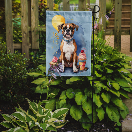 Boxer Happy Birthday Garden Flag –Dog Birthday Cupcake Yard Decor with Balloons