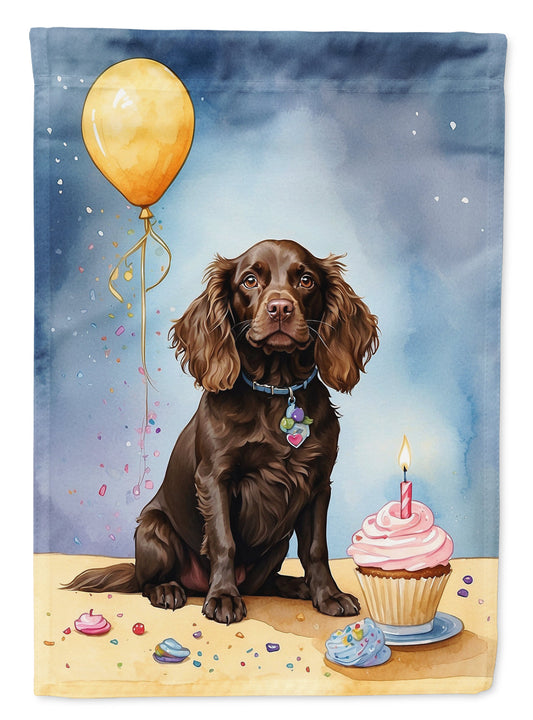 Boykin Spaniel Happy Birthday Garden Flag –Dog Birthday Cupcake Yard Decor with Balloons