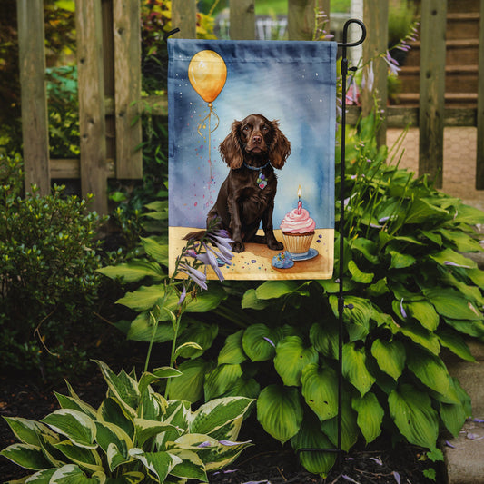 Boykin Spaniel Happy Birthday Garden Flag –Dog Birthday Cupcake Yard Decor with Balloons