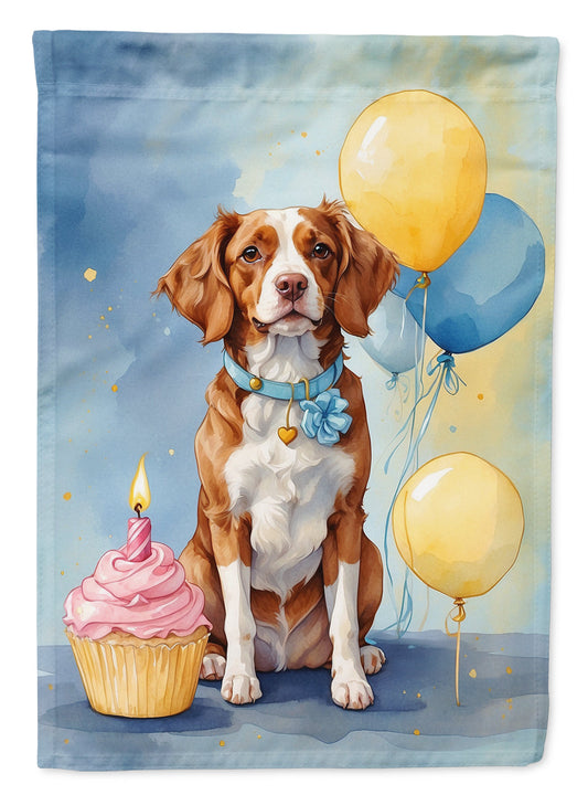 Brittany Spaniel Happy Birthday Garden Flag –Dog Birthday Cupcake Yard Decor with Balloons