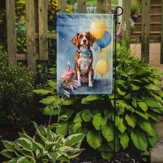 Brittany Spaniel Happy Birthday Garden Flag –Dog Birthday Cupcake Yard Decor with Balloons