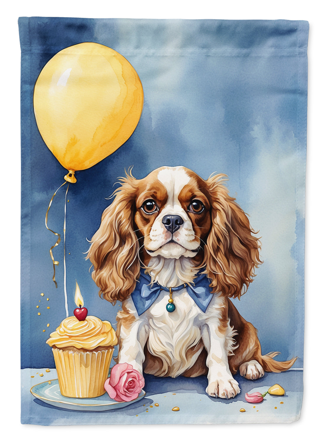 Cavalier Spaniel Happy Birthday Garden Flag –Dog Birthday Cupcake Yard Decor with Balloons