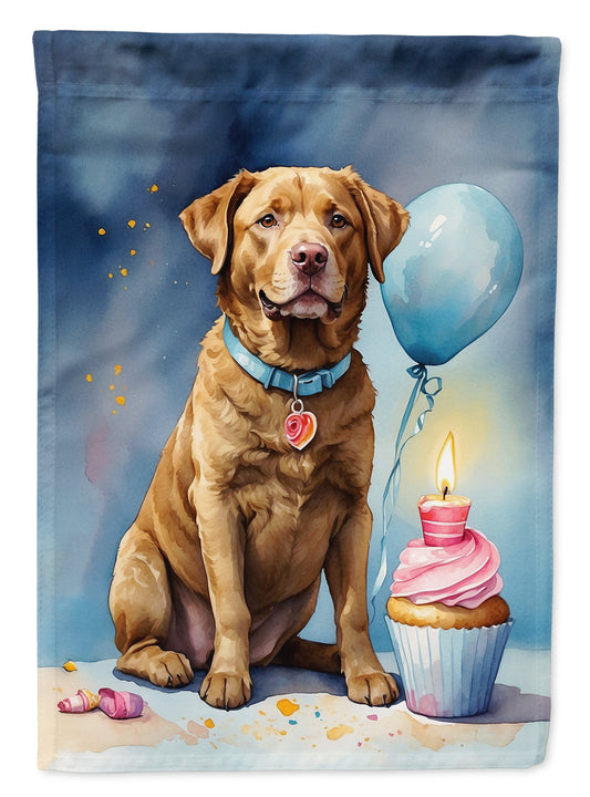 Chesapeake Bay Retriever Happy Birthday Garden Flag –Dog Birthday Cupcake Yard Decor with Balloons