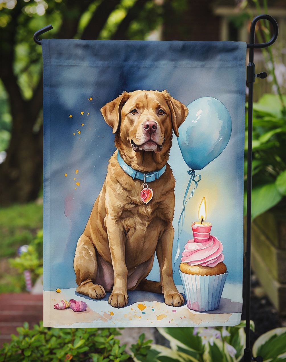 Chesapeake Bay Retriever Happy Birthday Garden Flag –Dog Birthday Cupcake Yard Decor with Balloons