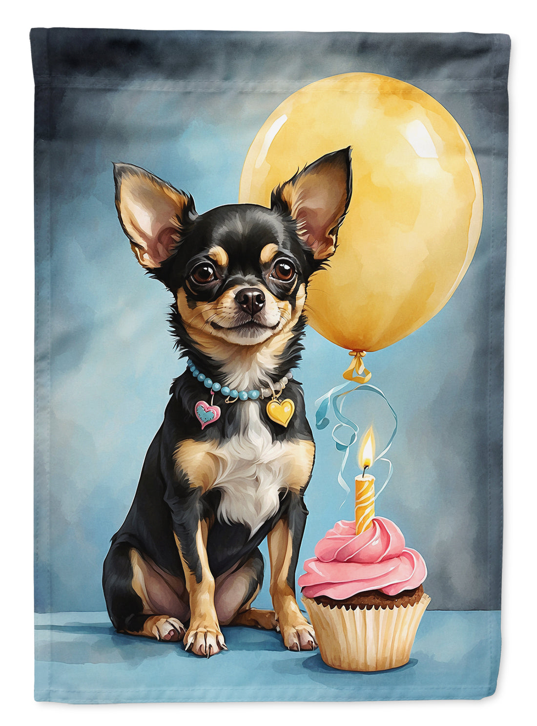 Black and Tan Chihuahua Happy Birthday Garden Flag –Dog Birthday Cupcake Yard Decor with Balloons