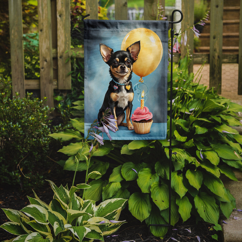 Black and Tan Chihuahua Happy Birthday Garden Flag –Dog Birthday Cupcake Yard Decor with Balloons