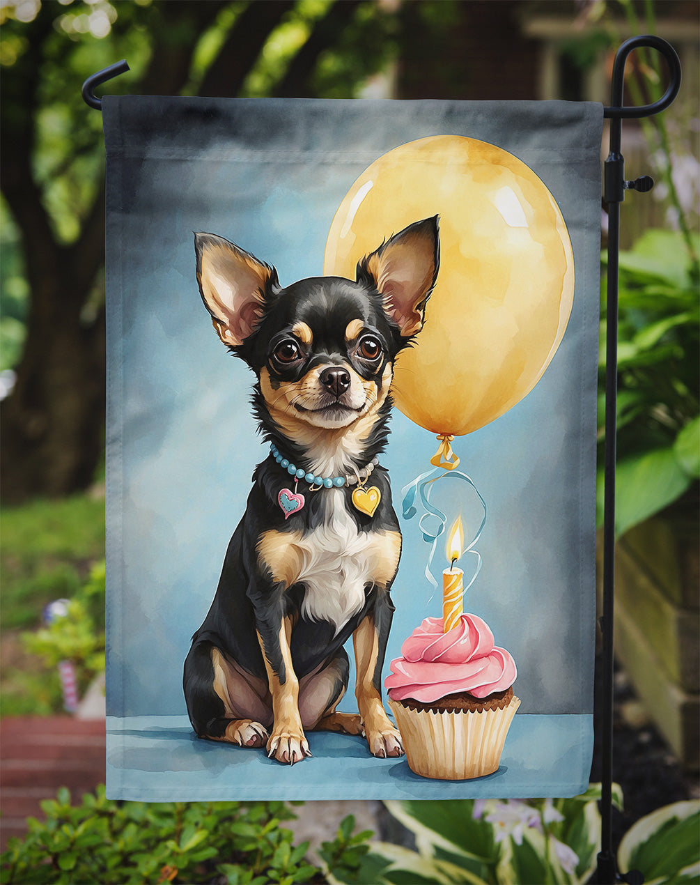 Black and Tan Chihuahua Happy Birthday Garden Flag –Dog Birthday Cupcake Yard Decor with Balloons