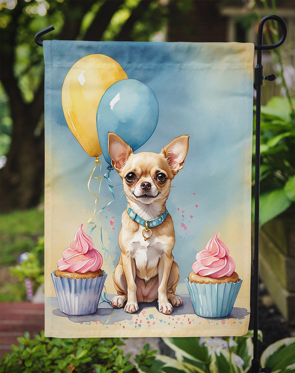 Chihuahua Happy Birthday Garden Flag –Dog Birthday Cupcake Yard Decor with Balloons