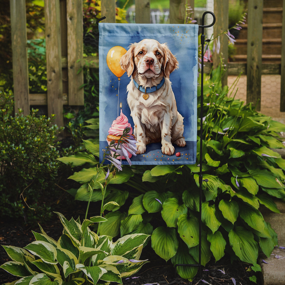Clumber Spaniel Happy Birthday Garden Flag –Dog Birthday Cupcake Yard Decor with Balloons
