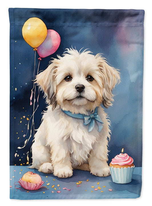 Coton De Tulear Happy Birthday Garden Flag –Dog Birthday Cupcake Yard Decor with Balloons